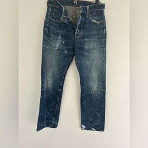 Japanese denim paint splattered “Denime” jeans 28 waist Unisex